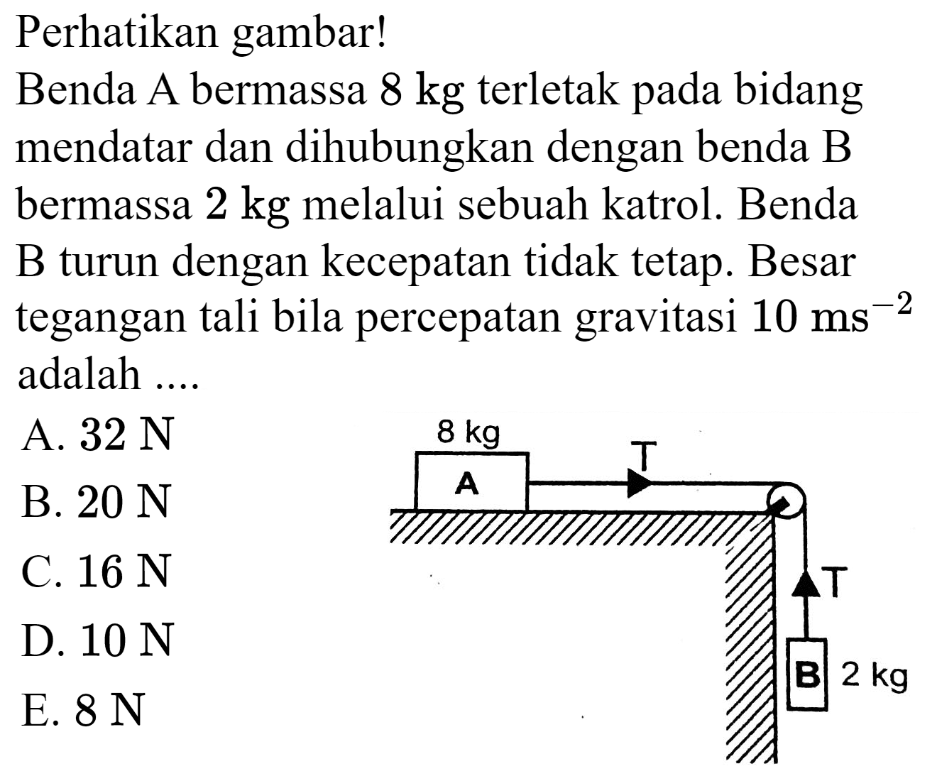 Perhatikan gambar!
8 kg A T B 2 kg
Benda A bermassa  8 kg  terletak pada bidang mendatar dan dihubungkan dengan benda  B  bermassa  2 kg  melalui sebuah katrol. Benda B turun dengan kecepatan tidak tetap. Besar tegangan tali bila percepatan gravitasi  10 ~ms^(-2)  adalah ....
A.  32 ~N 
B.  20 ~N 
C.  16 ~N 