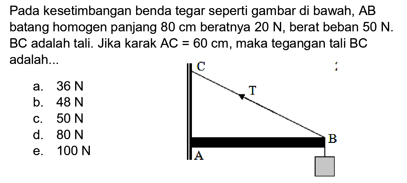 Pada kesetimbangan benda tegar seperti gambar di bawah,  A B  batang homogen panjang  80 cm  beratnya  20 N , berat beban  50 N .  B C  adalah tali. Jika karak  A C=60 cm , maka tegangan tali  B C  adalah...