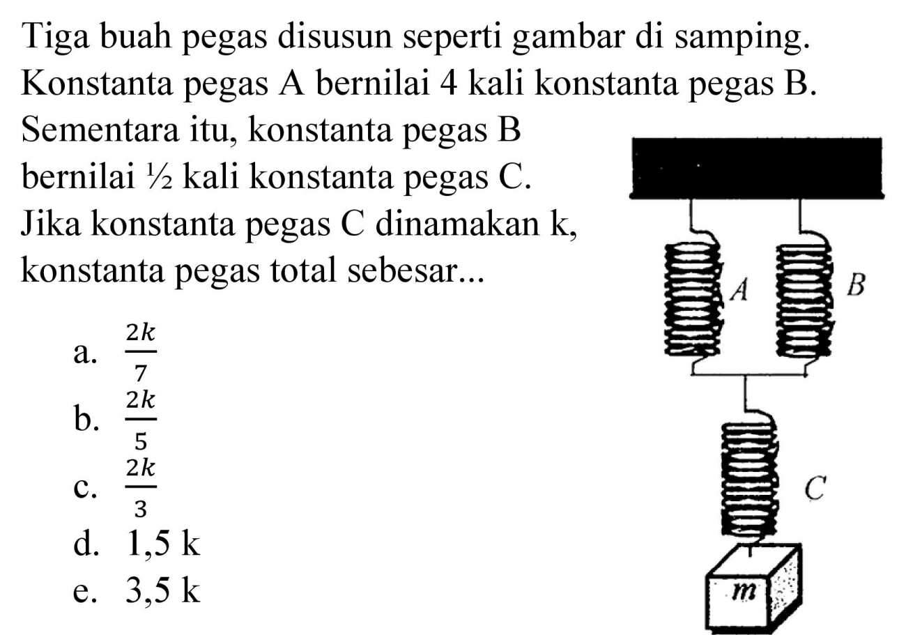 Tiga buah pegas disusun seperti gambar di samping. Konstanta pegas A bernilai 4 kali konstanta pegas B. Sementara itu, konstanta pegas B bernilai  1 / 2  kali konstanta pegas  C . Jika konstanta pegas  C  dinamakan  k , konstanta pegas total sebesar...