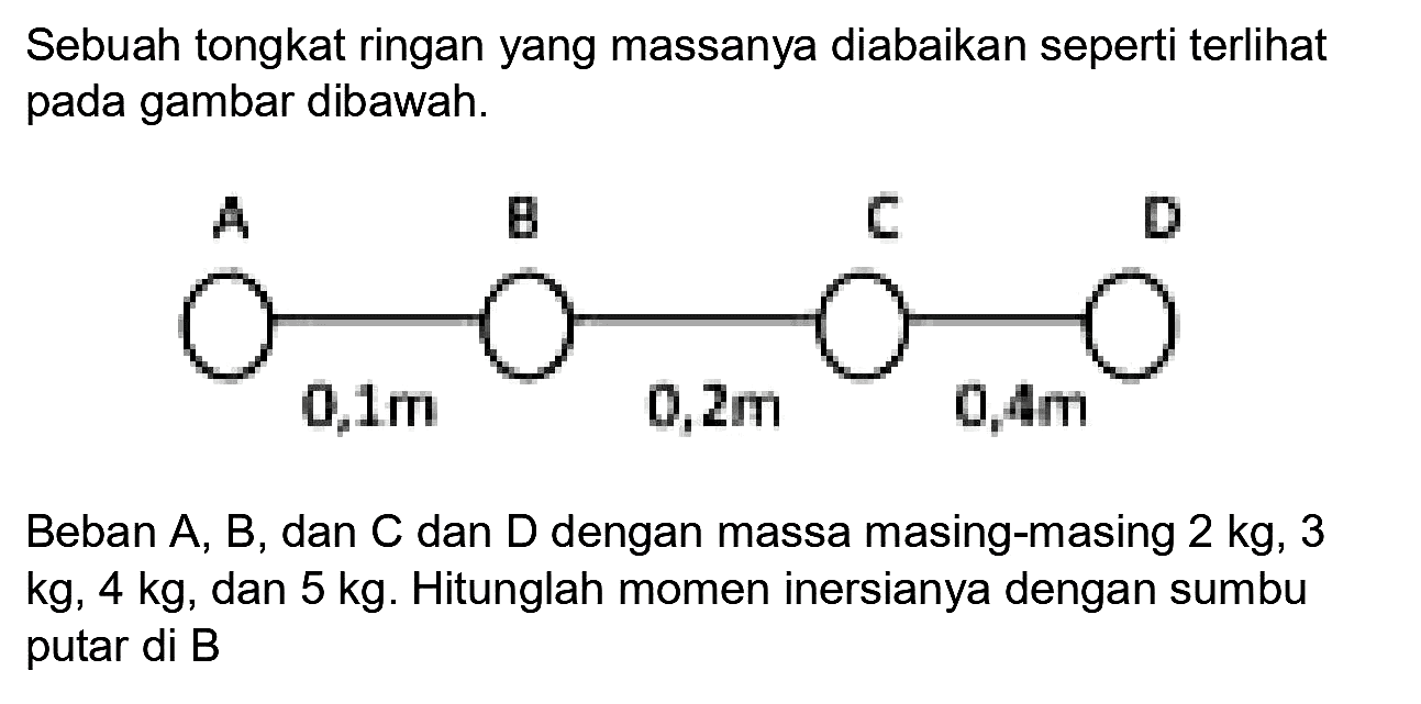 Sebuah tongkat ringan yang massanya diabaikan seperti terlihat pada gambar dibawah.

Beban  A, B , dan  C  dan  D  dengan massa masing-masing  2 kg, 3   kg, 4 kg , dan  5 kg . Hitunglah momen inersianya dengan sumbu putar di B