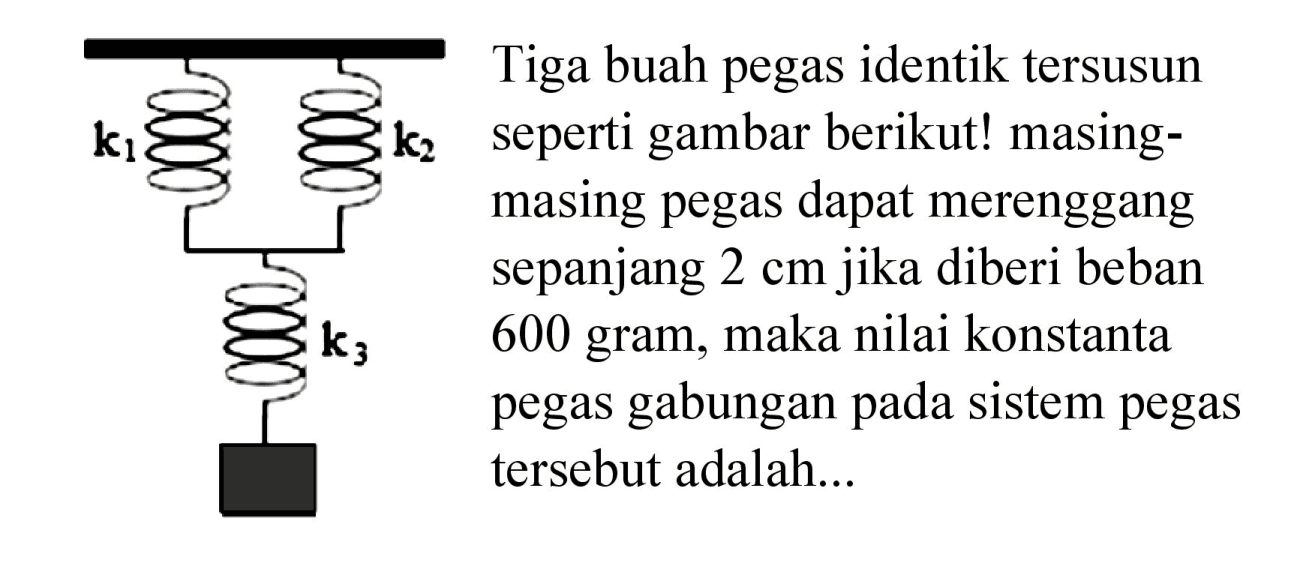 $  Tiga buah pegas identik tersusun  {k)_(2)   seperti gambar berikut! masingmasing pegas dapat merenggang sepanjang  2 cm  jika diberi beban 600 gram, maka nilai konstanta pegas gabungan pada sistem pegas tersebut adalah...