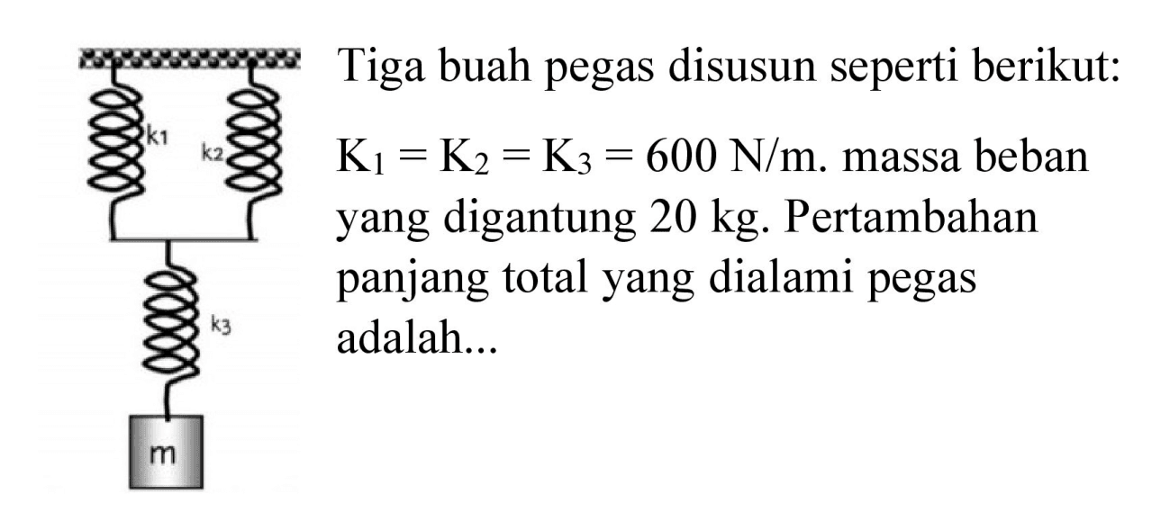 Tiga buah pegas disusun seperti berikut:
 K_(1)=K_(2)=K_(3)=600 N / m . massa beban yang digantung  20 kg . Pertambahan panjang total yang dialami pegas adalah...