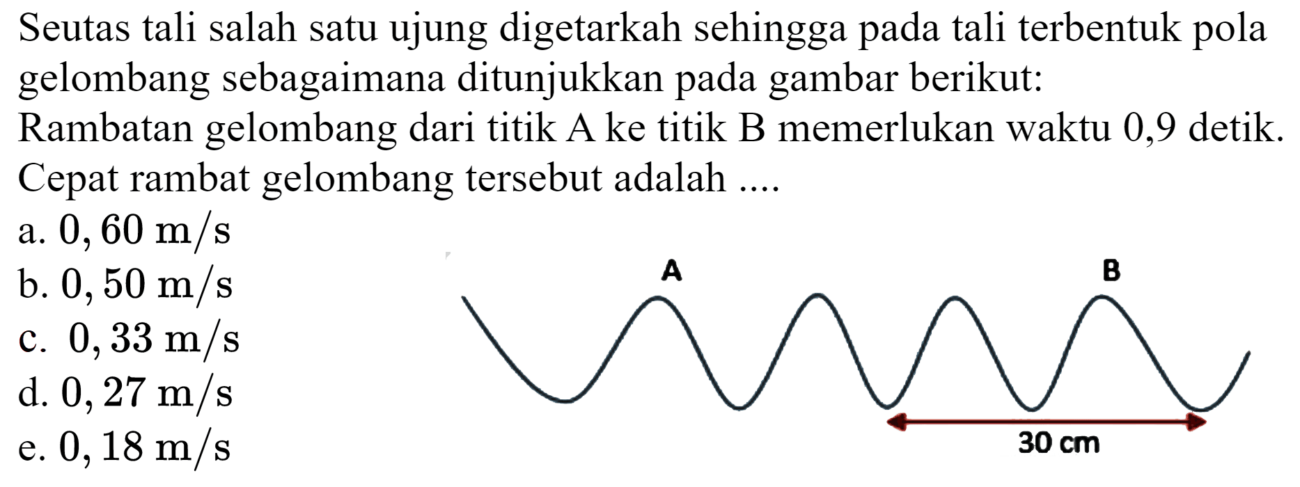 Seutas tali salah satu ujung digetarkah sehingga pada tali terbentuk pola gelombang sebagaimana ditunjukkan pada gambar berikut:
Rambatan gelombang dari titik A ke titik B memerlukan waktu 0,9 detik. Cepat rambat gelombang tersebut adalah ....
a.  0,60 m / s 
b.  0,50 m / s 
c.  0,33 m / s 
d.  0,27 m / s 
e.  0,18 m / s 