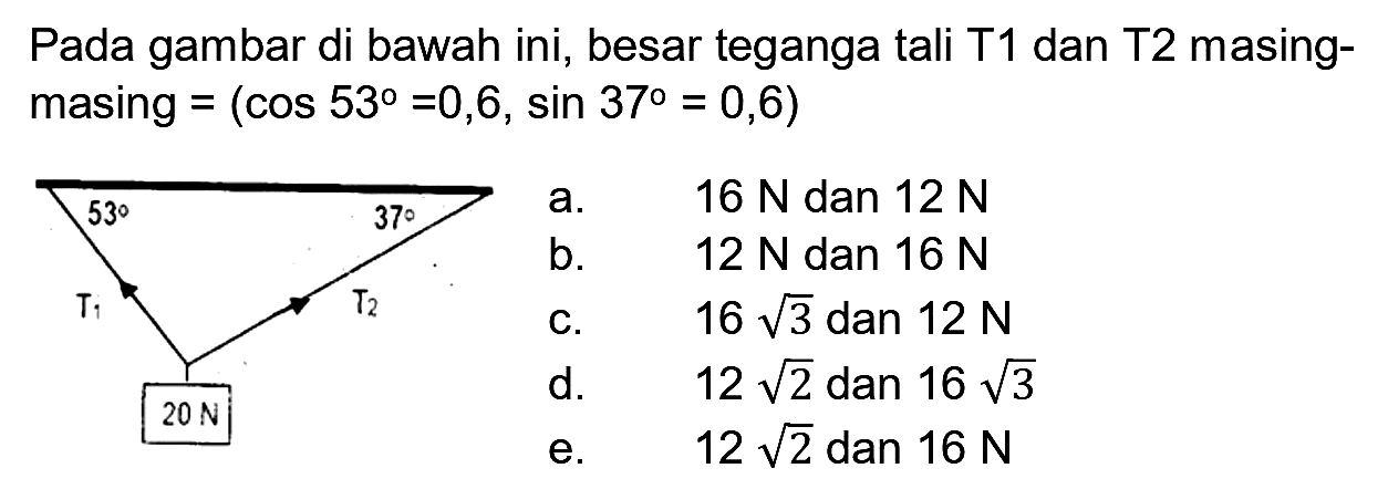 Pada gambar di bawah ini, besar teganga tali T1 dan T2 masingmasing  =(cos 53=0,6, sin 37=0,6)