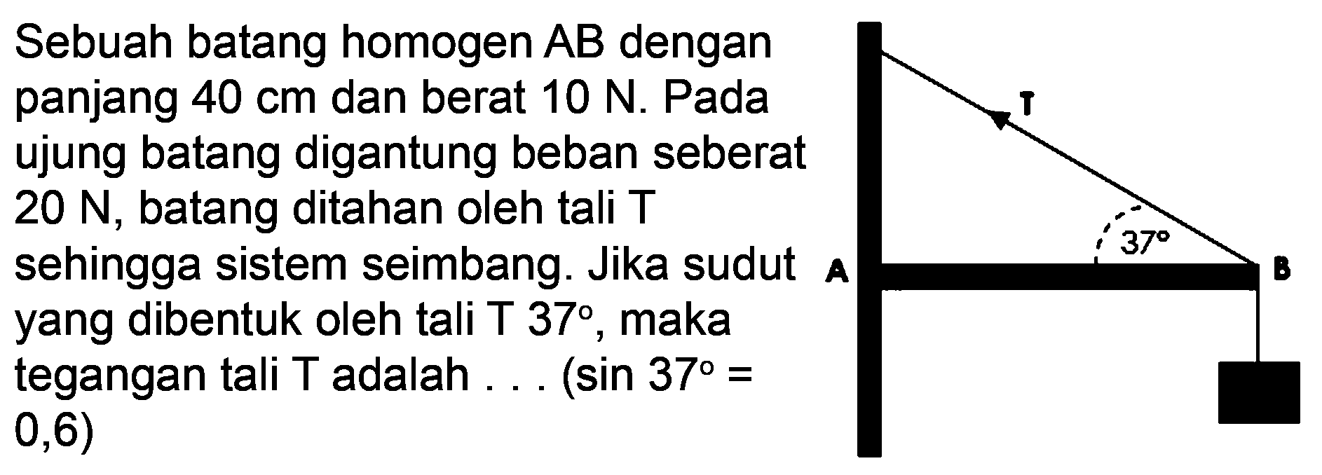 Sebuah batang homogen  A B  dengan panjang  40 cm  dan berat  10 N . Pada ujung batang digantung beban seberat  20 N , batang ditahan oleh tali  T  sehingga sistem seimbang. Jika sudut  A  yang dibentuk oleh tali T 37°, maka tegangan tali T adalah ... (sin  37=   0,6)