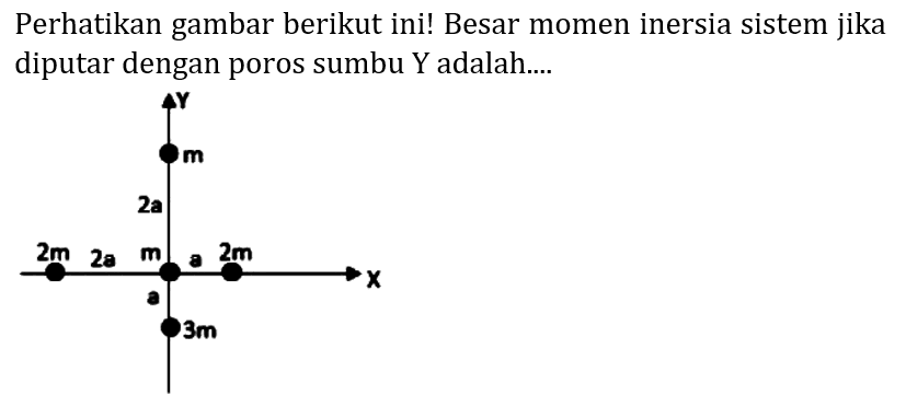 Perhatikan gambar berikut ini! Besar momen inersia sistem jika diputar dengan poros sumbu  Y  adalah.... 
Y 
m 
2a 
2m 2a m a 2m X 
a 
3m 