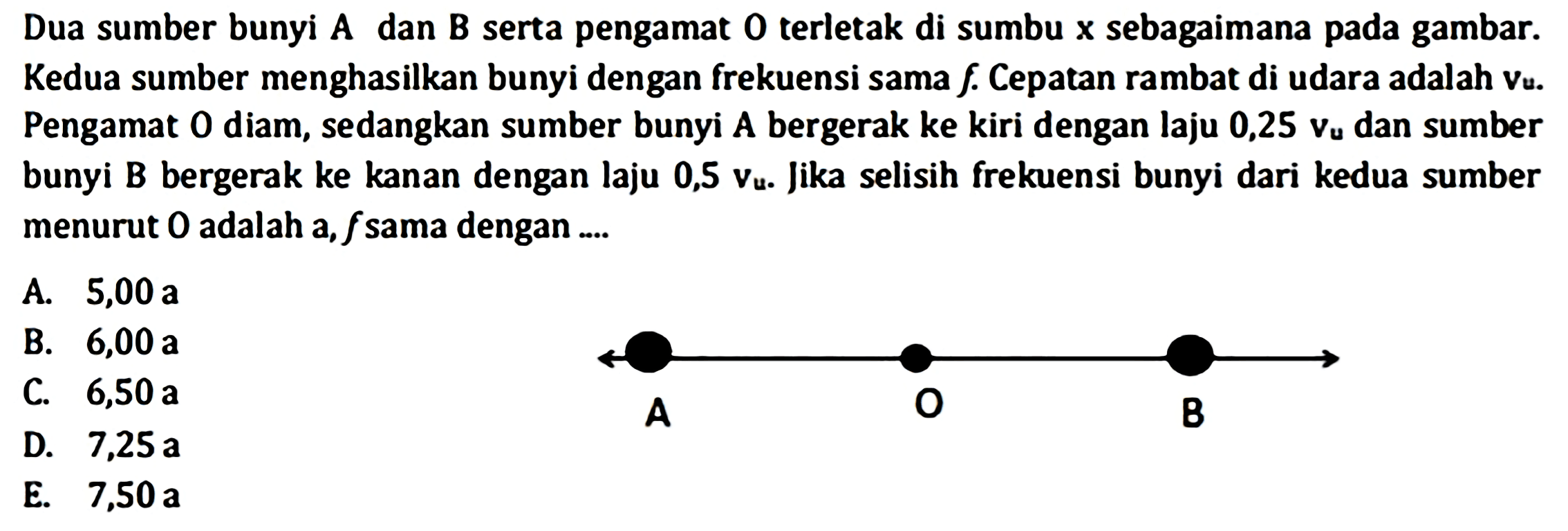 Dua sumber bunyi  A  dan  B  serta pengamat  O  terletak di sumbu  x  sebagaimana pada gambar. Kedua sumber menghasilkan bunyi dengan frekuensi sama  f . Cepatan rambat di udara adalah  v_(u) . Pengamat 0 diam, sedangkan sumber bunyi A bergerak ke kiri dengan laju  0,25 vu_( {dan sumber ))  bunyi B bergerak ke kanan dengan laju 0,5  v_(u) . Jika selisih frekuensi bunyi dari kedua sumber menurut 0 adalah a,  f  sama dengan ....
A O B
A.  5,00 a 
B.  6,00 a 
C.  6,50 a 
D.  7,25 a 
E.  7,50 a 