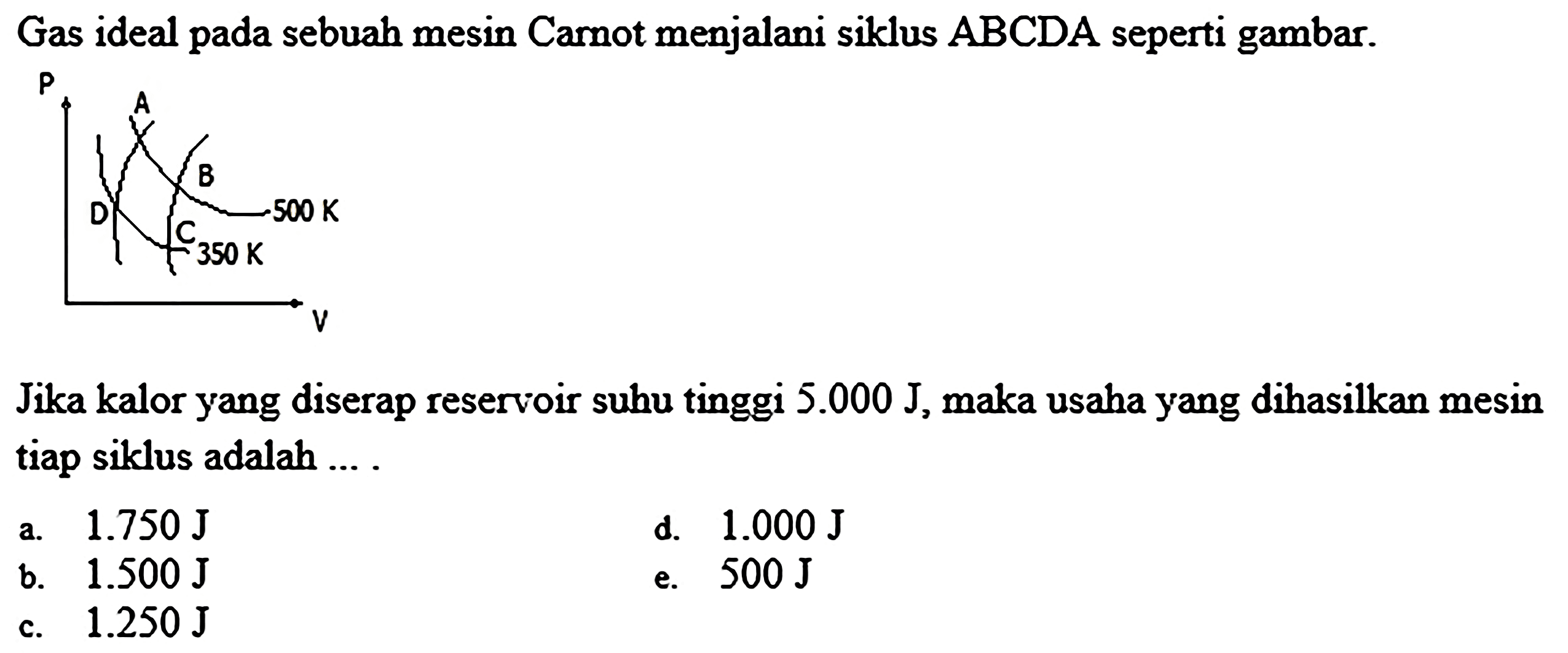 Gas ideal pada sebuah mesin Carnot menjalani siklus  ABCDA  seperti gambar.
Jika kalor yang diserap reservoir suhu tinggi  5.000 J , maka usaha yang dihasilkan mesin tiap siklus adalah