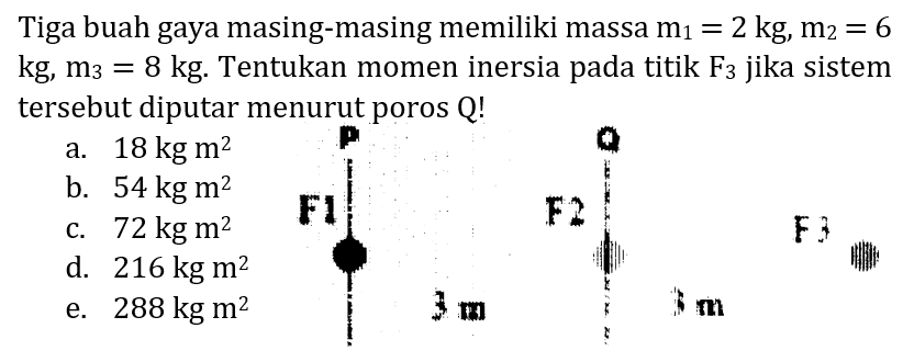 Tiga buah gaya masing-masing memiliki massa  m_(1)=2 kg, m_(2)=6   kg, m_(3)=8 kg . Tentukan momen inersia pada titik  F_(3)  jika sistem tersebut diputar menurut poros  Q  !
a.  18 kg m^(2) 
b.  54 kg m^(2) 
c.  72 kg m^(2) 
d.  216 kg m^(2) 
e.  288 kg m^(2) 