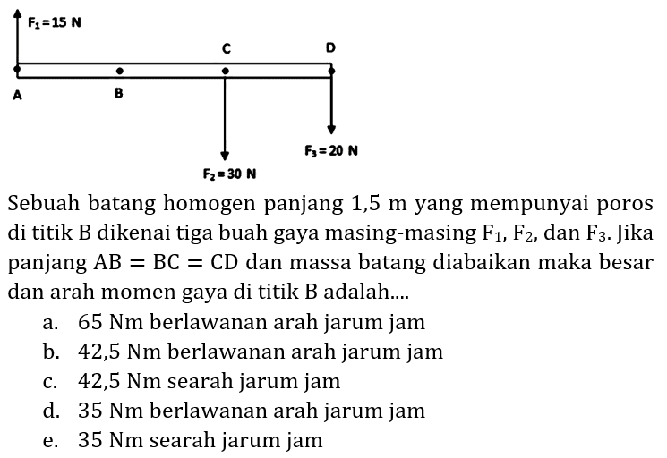 Sebuah batang homogen panjang 1,5  m  yang mempunyai poros di titik  B  dikenai tiga buah gaya masing-masing  F_(1), F_(2) , dan  F_(3) . Jika panjang  AB=BC=CD  dan massa batang diabaikan maka besar dan arah momen gaya di titik B adalah....
a.  65 Nm  berlawanan arah jarum jam
b.  42,5 Nm  berlawanan arah jarum jam
c.  42,5 Nm  searah jarum jam
d.  35 Nm  berlawanan arah jarum jam
e.  35 Nm  searah jarum jam