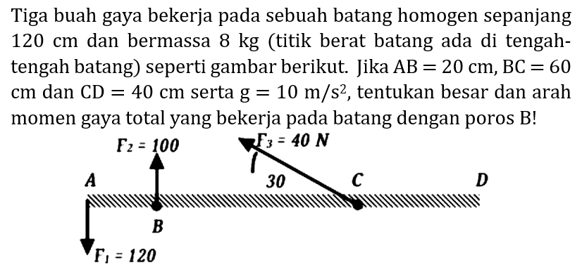 Tiga buah gaya bekerja pada sebuah batang homogen sepanjang  120 cm  dan bermassa  8 kg  (titik berat batang ada di tengahtengah batang) seperti gambar berikut. Jika  A B=20 cm, B C=60   cm  dan  C D=40 cm  serta  g=10 m / s^(2) , tentukan besar dan arah momen gaya total yang bekerja pada batang dengan poros  B  !
 C C C C C