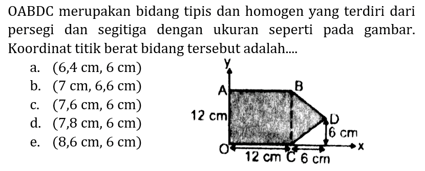 OABDC merupakan bidang tipis dan homogen yang terdiri dari persegi dan segitiga dengan ukuran seperti pada gambar. Koordinat titik berat bidang tersebut adalah....
a.  (6,4 cm, 6 cm) 
b.  (7 cm, 6,6 cm) 
c.  (7,6 cm, 6 cm) 
d.  (7,8 cm, 6 cm) 
e.  (8,6 cm, 6 cm) 