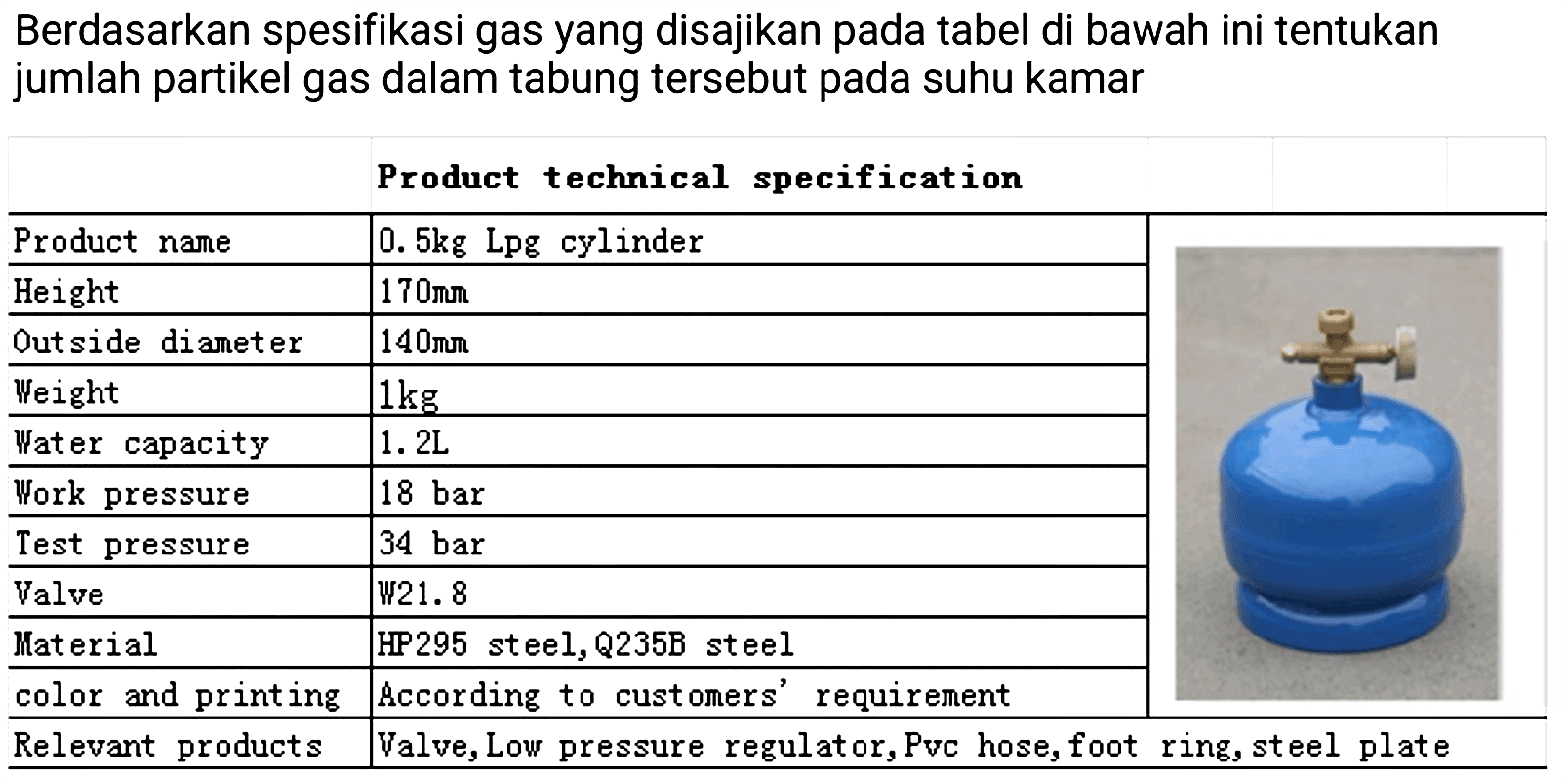 Berdasarkan spesifikasi gas yang disajikan pada tabel di bawah ini tentukan jumlah partikel gas dalam tabung tersebut pada suhu kamar

Product technical specification
 Product name   0.5 kg  Lpg cylinder 
 Height   170 mm  
 Outside diameter   140 mm  
 Weight   1 kg  
 Water capacity   1.2 L  
 Work pressure   18 bar  
 Test pressure  34 bar 
 Valve  W21.8 
 Material  HP295 steel, Q235B steel 
 color and printing  According to customers' requirement 
 Relevant products  Valve, Low pressure regulator, Pvc hose, foot ring, steel plate 