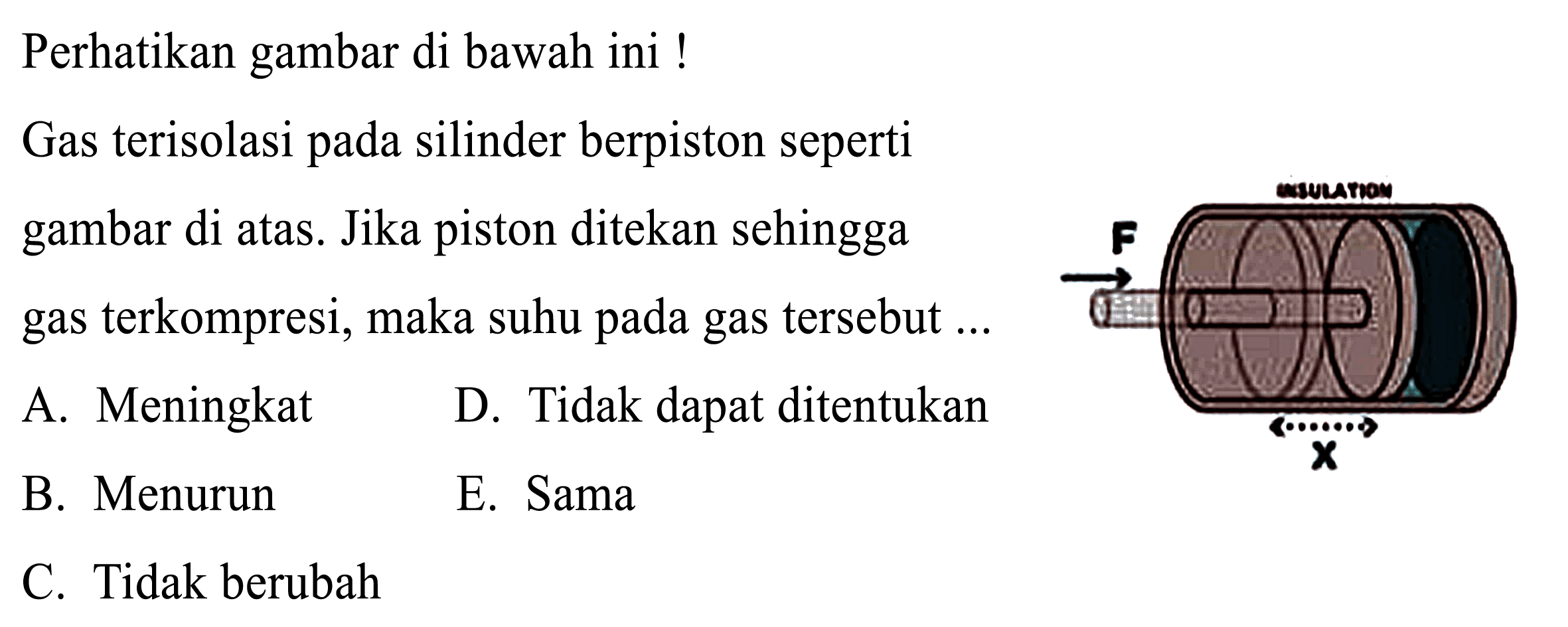 Perhatikan gambar di bawah ini!
Gas terisolasi pada silinder berpiston seperti gambar di atas. Jika piston ditekan sehingga gas terkompresi, maka suhu pada gas tersebut ...