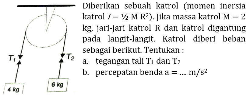 - Diberikan sebuah katrol (momen inersia katrol  I=1 / 2 M R^(2)  ). Jika massa katrol  M=2   kg , jari-jari katrol  R  dan katrol digantung pada langit-langit. Katrol diberi beban sebagai berikut. Tentukan :
a. tegangan tali  T_(1)  dan  T_(2) 
b. percepatan benda  a=... m / s^(2) 