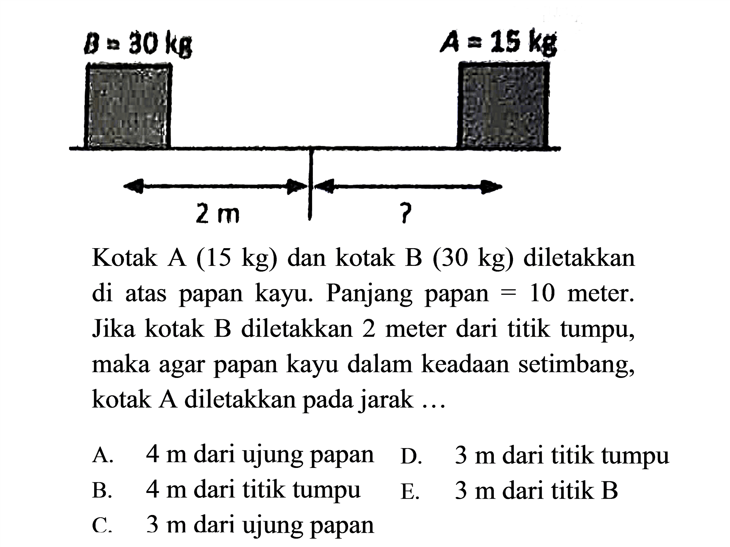 B = 30 kg A = 15 kg 2 m ? 
Kotak A (15 kg) dan kotak B (30 kg) diletakkan di atas papan kayu. Panjang papan = 10 meter. Jika kotak B diletakkan 2 meter dari titik tumpu, maka agar papan kayu dalam keadaan setimbang, kotak A diletakkan pada jarak 
A. 4 m dari ujung papan 
D. 3 m dari titik tumpu 
B. 4 m dari titik tumpu 
E. 3 m dari titik B
C. 3 m dari ujung papan