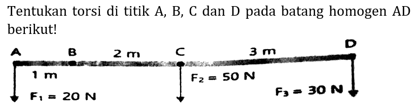 Tentukan torsi di titik A, B, C dan D pada batang homogen AD berikut!
