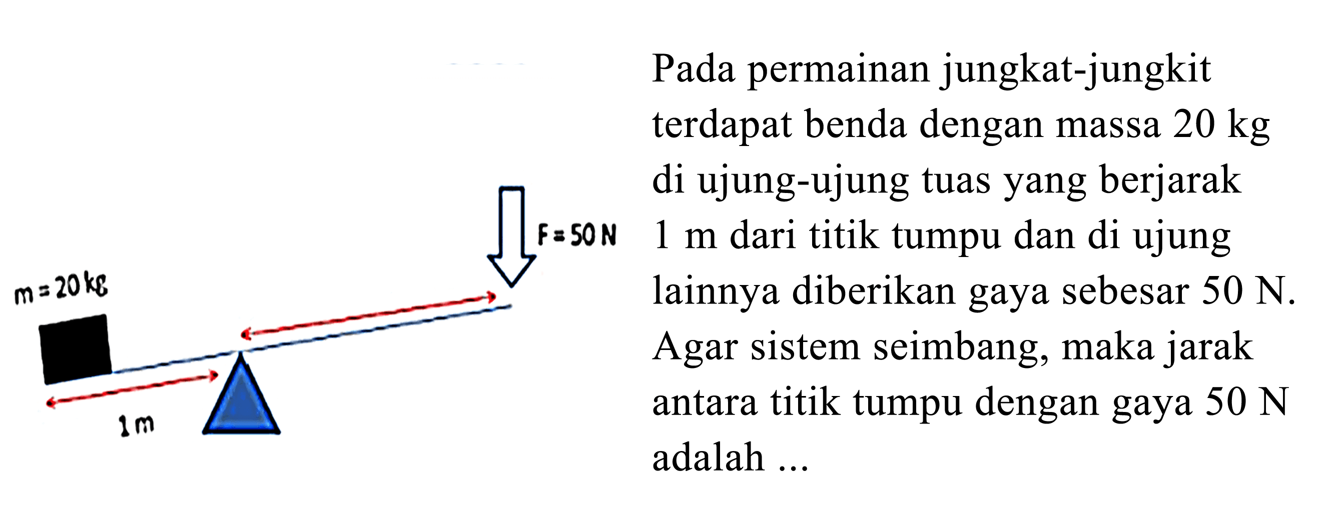 m = 20 kg 1 m F = 50 N 
Pada permainan jungkat-jungkit terdapat benda dengan massa 20 kg di ujung-ujung tuas yang berjarak 1 m dari titik tumpu dan di ujung lainnya diberikan gaya sebesar 50 N. Agar sistem seimbang, maka jarak antara titik tumpu dengan gaya 50 N adalah ....