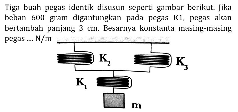 Tiga buah pegas identik disusun seperti gambar berikut. Jika beban 600 gram digantungkan pada pegas  K 1 , pegas akan bertambah panjang  3 cm . Besarnya konstanta masing-masing pegas .... N/m