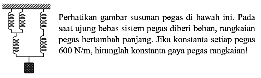 Perhatikan gambar susunan pegas di bawah ini. Pada saat ujung bebas sistem pegas diberi beban, rangkaian pegas bertambah panjang. Jika konstanta setiap pegas  600 N / m , hitunglah konstanta gaya pegas rangkaian!