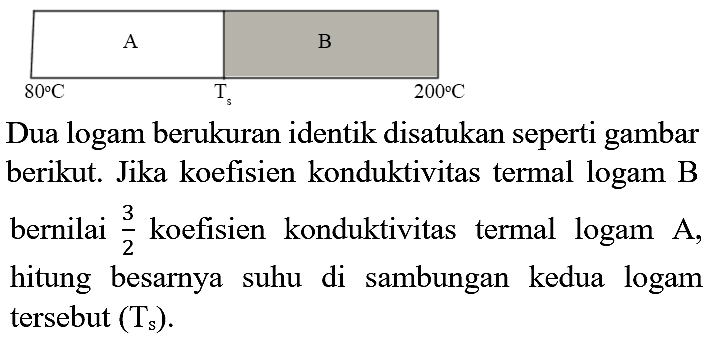 
 {2)/(c|)/( A )  {2)/(c|)/( B ) 
  80 C    T_(s)    200 C  


Dua logam berukuran identik disatukan seperti gambar berikut. Jika koefisien konduktivitas termal logam B bernilai  (3)/(2)  koefisien konduktivitas termal logam A, hitung besarnya suhu di sambungan kedua logam tersebut  (T_(s)) 