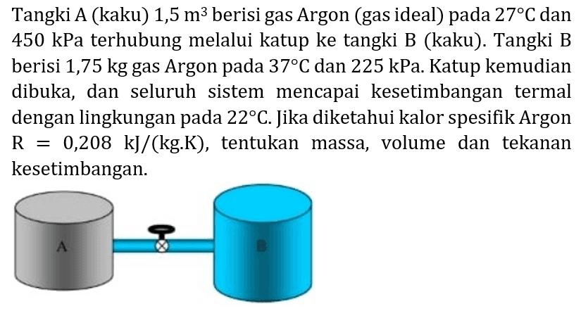 Tangki A (kaku)  1,5 m^(3)  berisi gas Argon (gas ideal) pada  27 C  dan 450 kPa terhubung melalui katup ke tangki B (kaku). Tangki B berisi 1,75 kg gas Argon pada 37으 dan  225 kPa . Katup kemudian dibuka, dan seluruh sistem mencapai kesetimbangan termal dengan lingkungan pada  22 C . Jika diketahui kalor spesifik Argon  R=0,208 ~kJ /(kg . K) , tentukan massa, volume dan tekanan kesetimbangan.