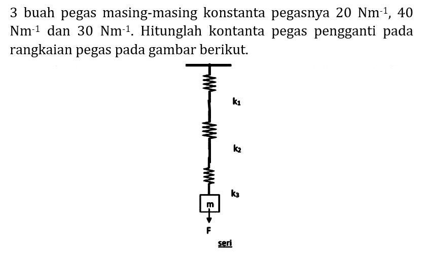 3 buah pegas masing-masing konstanta pegasnya  20 Nm^(-1), 40   Nm^(-1)  dan  30 Nm^(-1) . Hitunglah kontanta pegas pengganti pada rangkaian pegas pada gambar berikut.