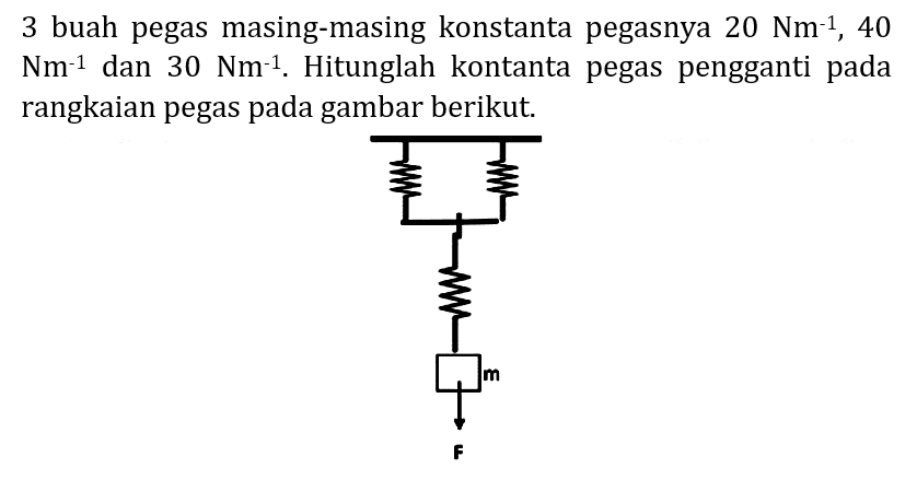 3 buah pegas masing-masing konstanta pegasnya  20 Nm^(-1), 40   Nm^(-1)  dan  30 Nm^(-1) . Hitunglah kontanta pegas pengganti pada rangkaian pegas pada gambar berikut.