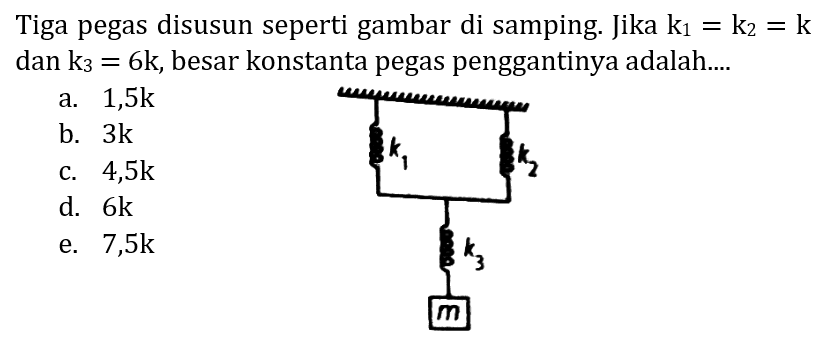 Tiga pegas disusun seperti gambar di samping. Jika  k_(1)=k_(2)=k  dan  k_(3)=6 k , besar konstanta pegas penggantinya adalah....