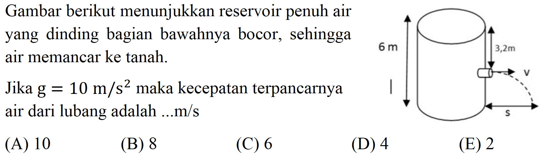 Gambar berikut menunjukkan reservoir penuh air yang dinding bagian bawahnya bocor, sehingga air memancar ke tanah.

Jika  g=10 m / s^(2)  maka kecepatan terpancarnya air dari lubang adalah ...m/s