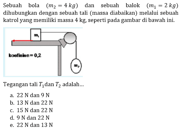 Sebuah bola  (m_{2}=4 kg)  dan sebuah balok  (m_{1}=2 kg)  dihubungkan dengan sebuah tali (massa diabaikan) melalui sebuah katrol yang memiliki massa  4 kg , seperti pada gambar di bawah ini.
koefision  =0,2 
Tegangan tali  T_{1}  dan  T_{2}  adalah...
a.  22 N  dan  9 N 
b.  13 N  dan  22 N 
c.  15 N  dan  22 N 
d.  9 N  dan  22 N 
e.  22 N  dan  13 N 