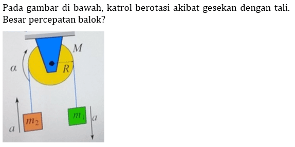 Pada gambar di bawah, katrol berotasi akibat gesekan dengan tali. Besar percepatan balok? 
alpha R M a m2 m1 a