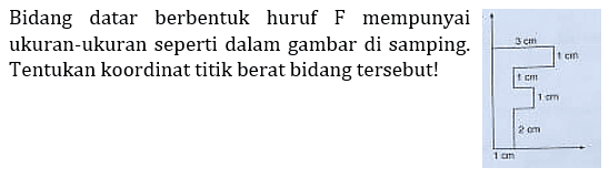 Bidang datar berbentuk huruf mempunyai ukuran-ukuran seperti dalam gambar di samping. Tentukan koordinat titik berat bidang tersebut! 
3 cm 1 cm 1 cm 1 cm 2 cm 1 cm