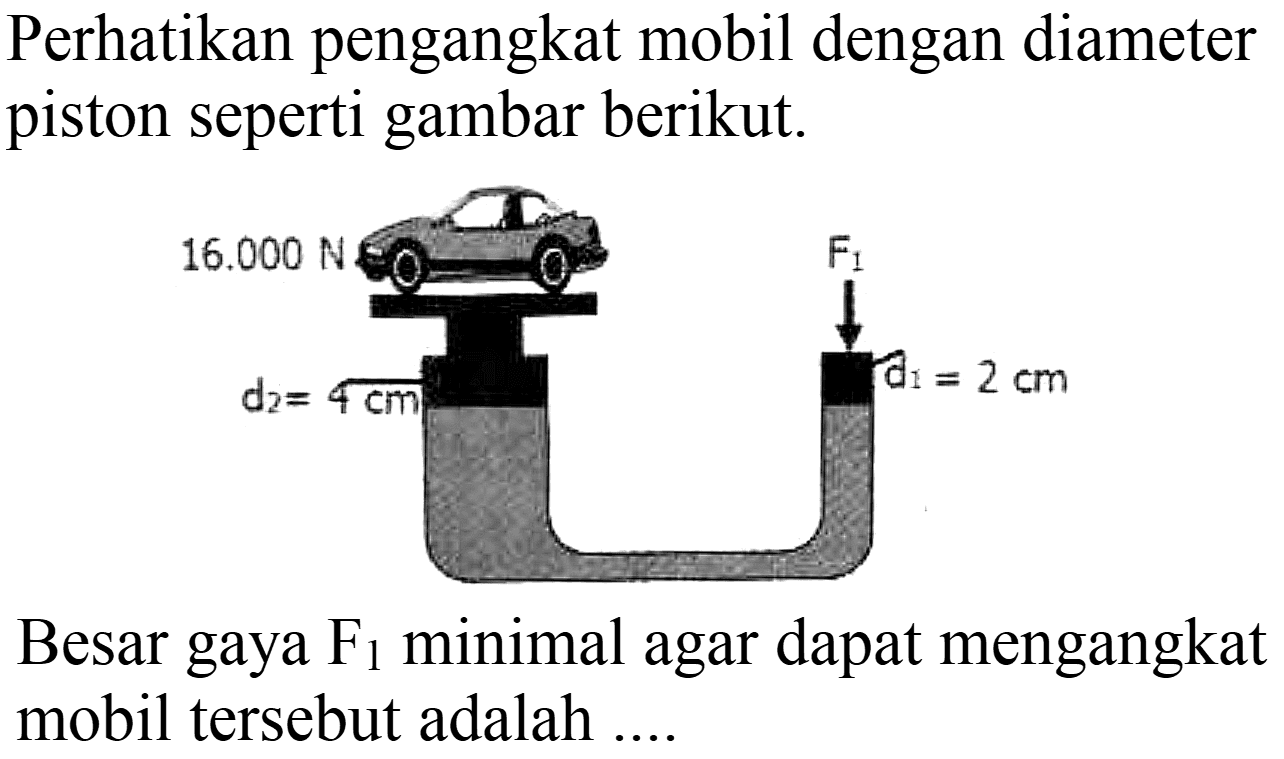 Perhatikan pengangkat mobil dengan diameter piston seperti gambar berikut.

Besar gaya  F_(1)  minimal agar dapat mengangkat mobil tersebut adalah ....