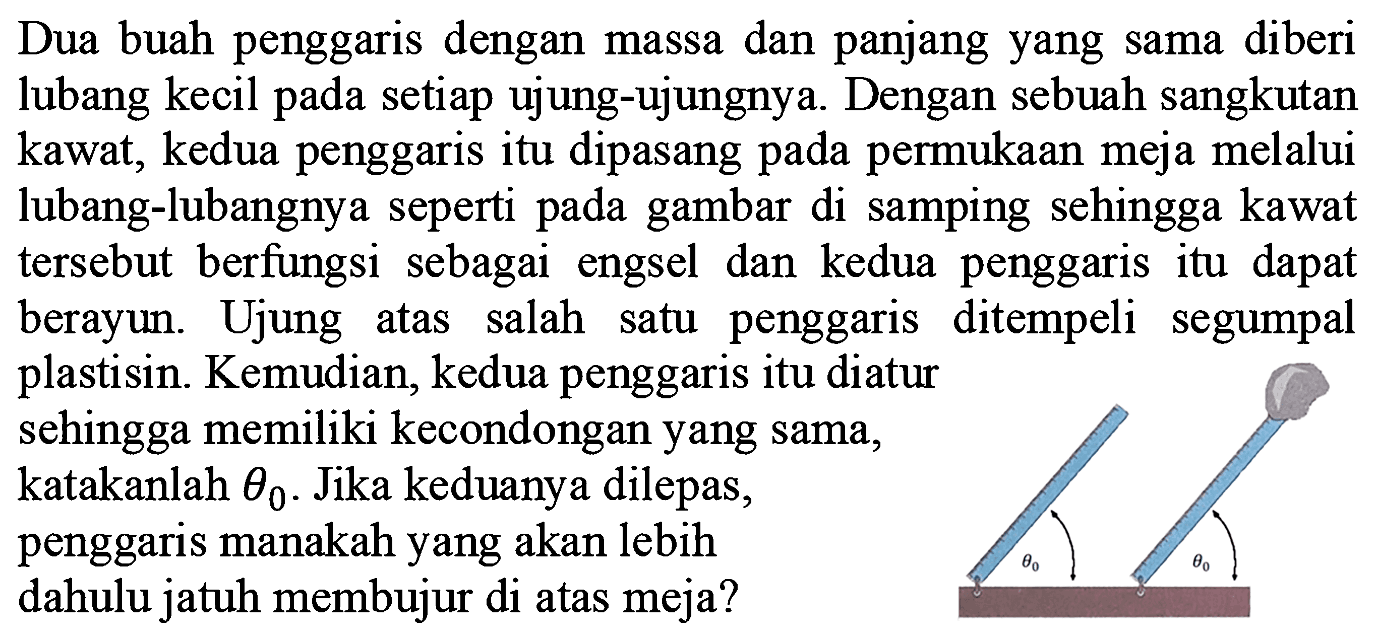 Dua buah penggaris dengan massa dan panjang yang sama diberi lubang kecil pada setiap ujung-ujungnya. Dengan sebuah sangkutan kawat, kedua penggaris itu dipasang pada permukaan meja melalui lubang-lubangnya seperti pada gambar di samping sehingga kawat tersebut berfungsi sebagai engsel dan kedua penggaris itu dapat berayun. Ujung atas salah satu penggaris ditempeli segumpal plastisin. Kemudian, kedua penggaris itu diatur sehingga memiliki kecondongan yang sama, katakanlah  theta 0 . Jika keduanya dilepas, penggaris manakah yang akan lebih dahulu jatuh membujur di atas meja?
 theta 0  theta 0 