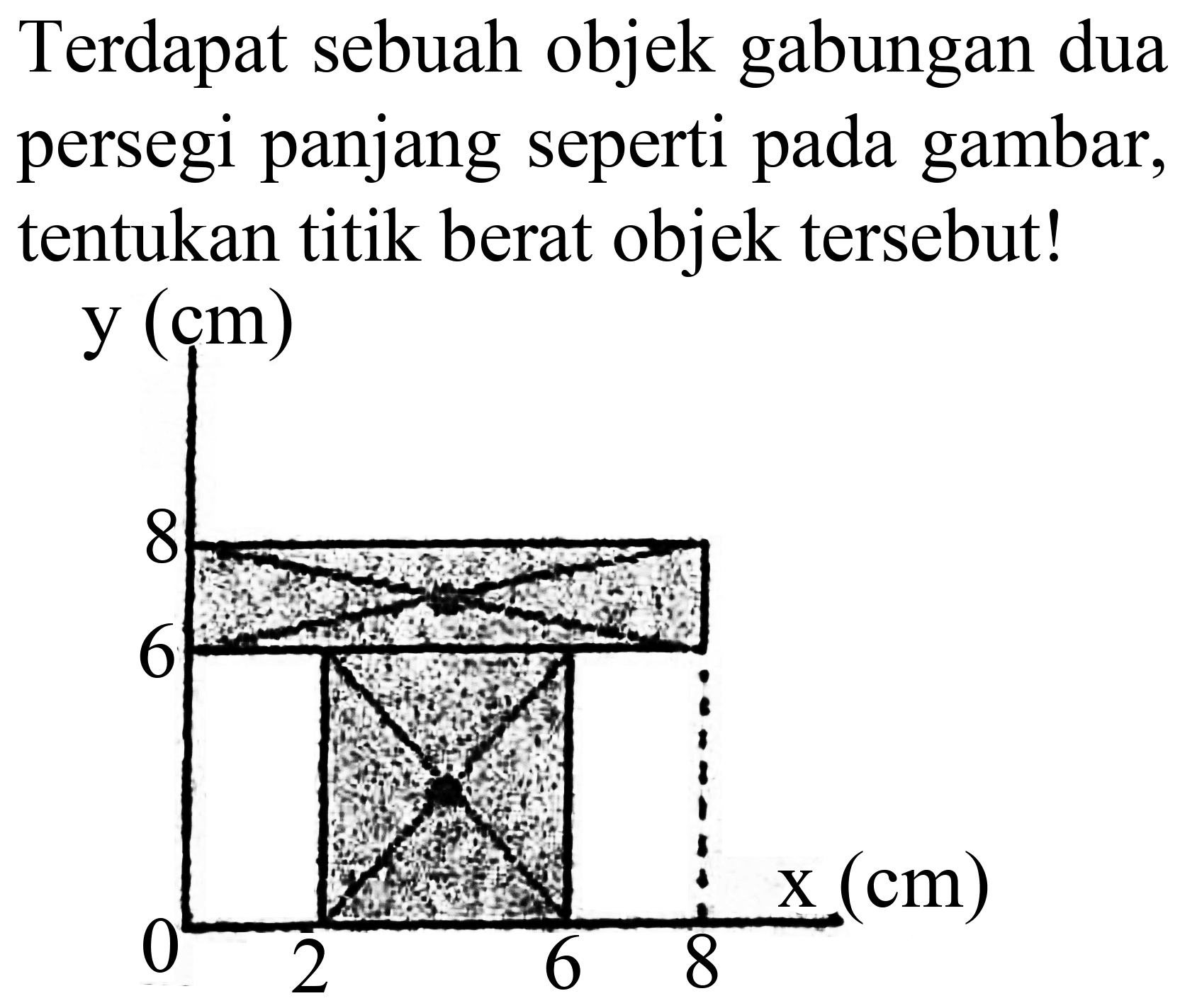 Terdapat sebuah objek gabungan dua persegi panjang seperti pada gambar, tentukan titik berat objek tersebut!