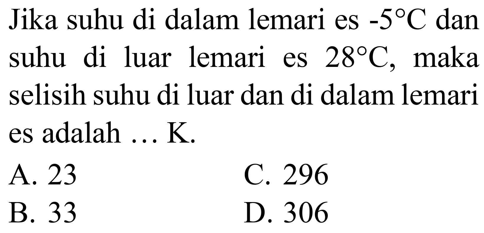 Jika suhu di dalam lemari es  -5 C  dan suhu di luar lemari es  28 C , maka selisih suhu di luar dan di dalam lemari es adalah ... K.
A. 23
C. 296
B. 33
D. 306