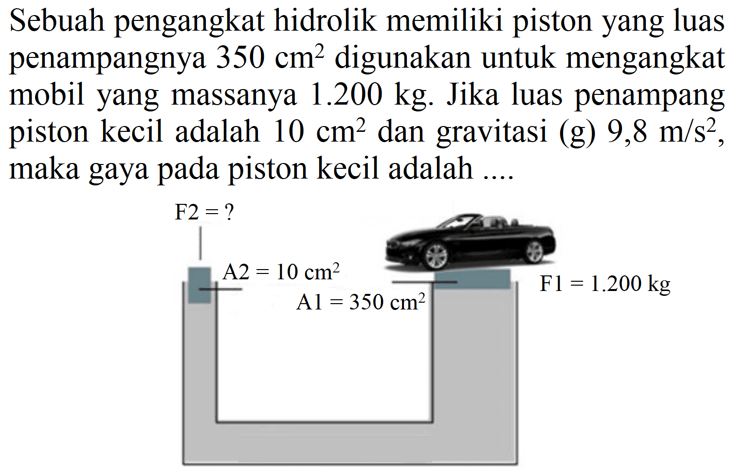 Sebuah pengangkat hidrolik memiliki piston yang luas penampangnya  350 cm^(2)  digunakan untuk mengangkat mobil yang massanya  1.200 kg . Jika luas penampang piston kecil adalah  10 cm^(2)  dan gravitasi (g)  9,8 m / s^(2) , maka gaya pada piston kecil adalah .... 
F2 = ? 
A2 = 10 cm^2 
A1 = 350 cm^2 
F1 = 1.200 kg 