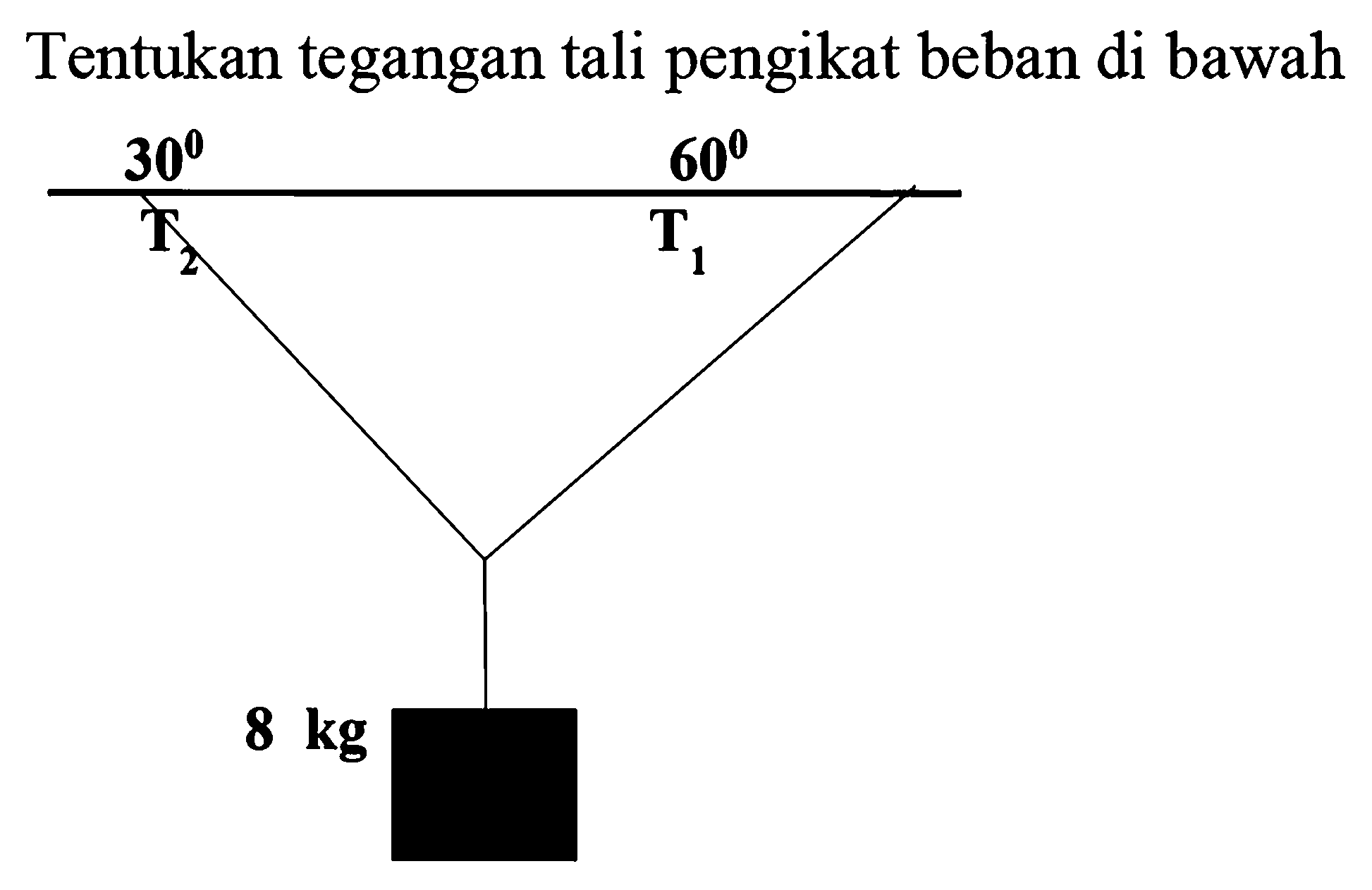 Tentukan tegangan tali pengikat beban di bawah
30 60
T2 T1
8 kg