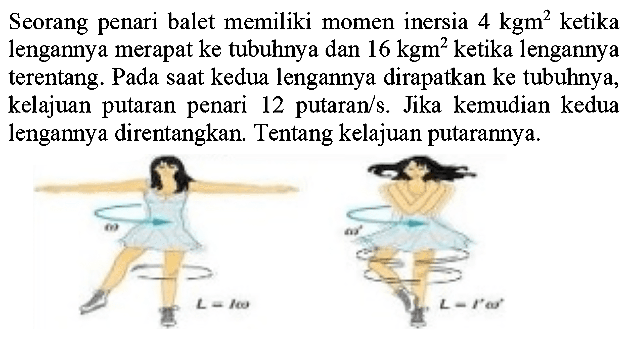 Seorang penari balet memiliki momen inersia 4 kgm^2 ketika lengannya merapat ke tubuhnya dan 16 kgm^2 ketika lengannya terentang. Pada saat kedua lengannya dirapatkan ke tubuhnya, kelajuan putaran penari 12 putaran/s. Jika kemudian kedua lengannya direntangkan. Tentang kelajuan putarannya. L=I omega L=I omega^2 