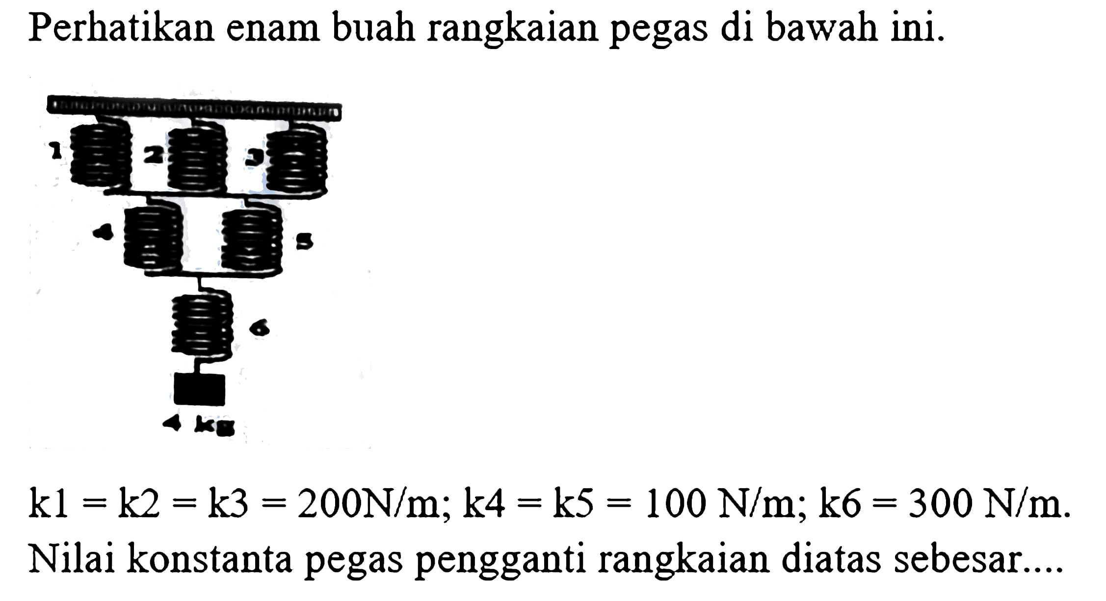 Perhatikan enam buah rangkaian pegas di bawah ini.
 k 1=k 2=k 3=200 N / m ; k 4=k 5=100 N / m ; k 6=300 N / m . Nilai konstanta pegas pengganti rangkaian diatas sebesar....