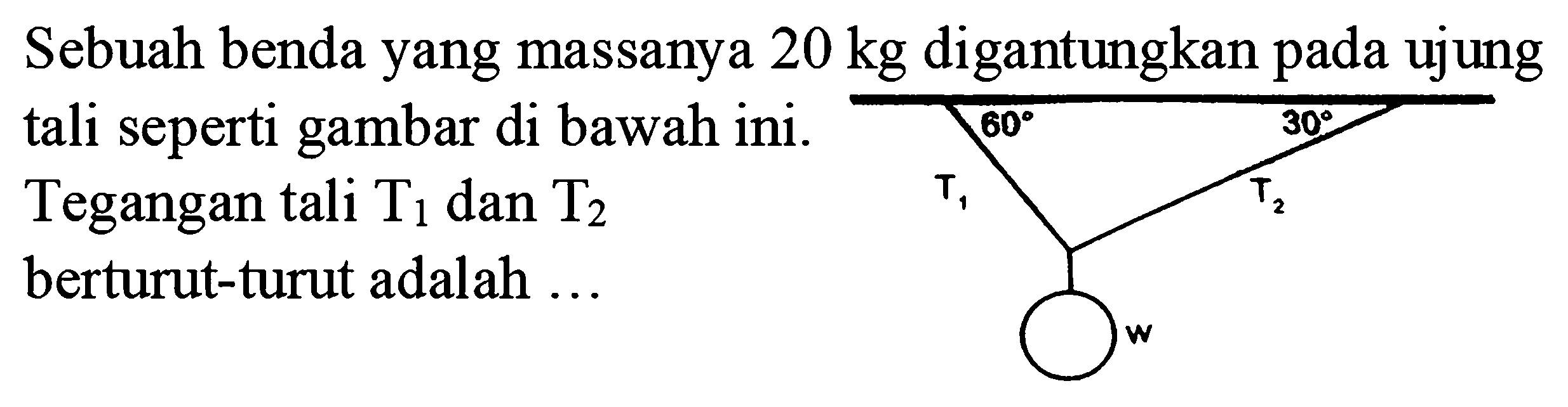 Sebuah benda yang massanya 20 kg digantungkan pada ujung tali seperti gambar di bawah ini. Tegangan tali T1 dan T2  berturut-turut adalah 60 30 T1 T2 w