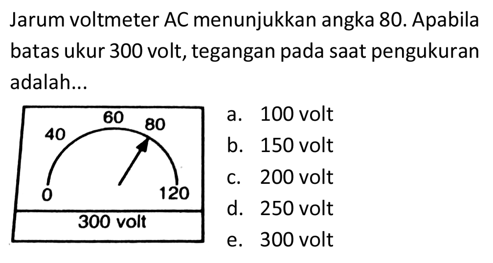 Jarum voltmeter  A C  menunjukkan angka 80. Apabila batas ukur 300 volt, tegangan pada saat pengukuran adalah...
a. 100 volt
b. 150 volt
c. 200 volt
d. 250 volt
e. 300 volt