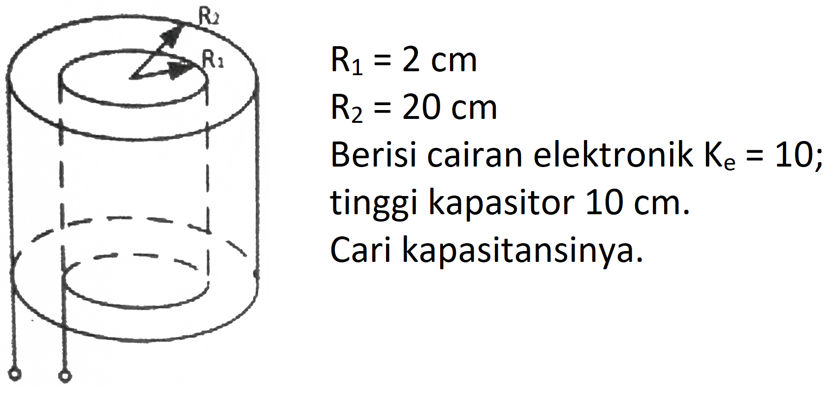 R1 = 2 cm R2 = 20 cm Berisi cairan elektronik Ke=10; tinggi kapasitor 10 cm. Cari kapasitansinya: R2 R1 