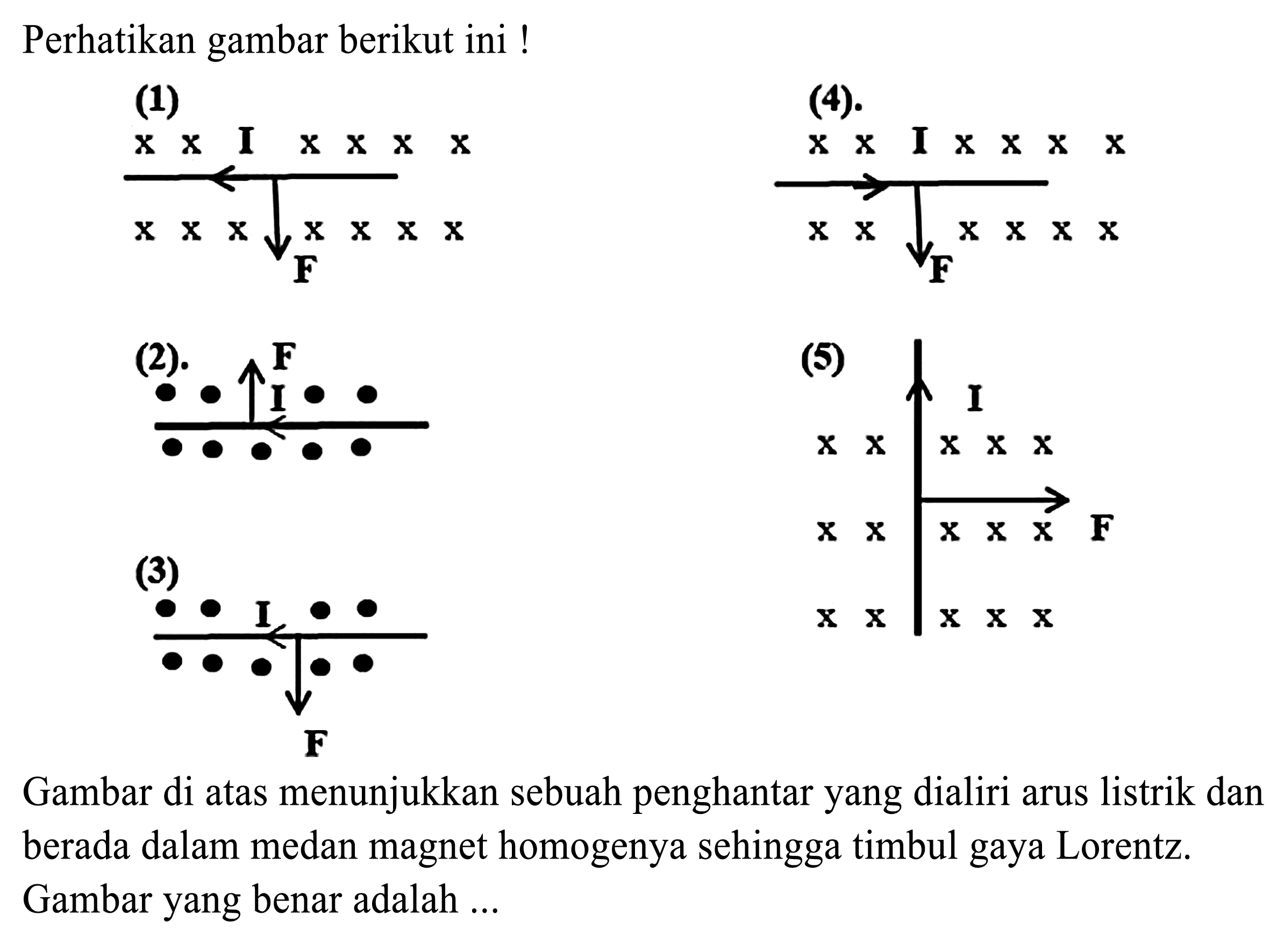 Perhatikan gambar berikut ini !


 { (1) ) 
x x  I x x x x 
x x x down->_(F)^(F x x x)


Gambar di atas menunjukkan sebuah penghantar yang dialiri arus listrik dan berada dalam medan magnet homogenya sehingga timbul gaya Lorentz. Gambar yang benar adalah ...