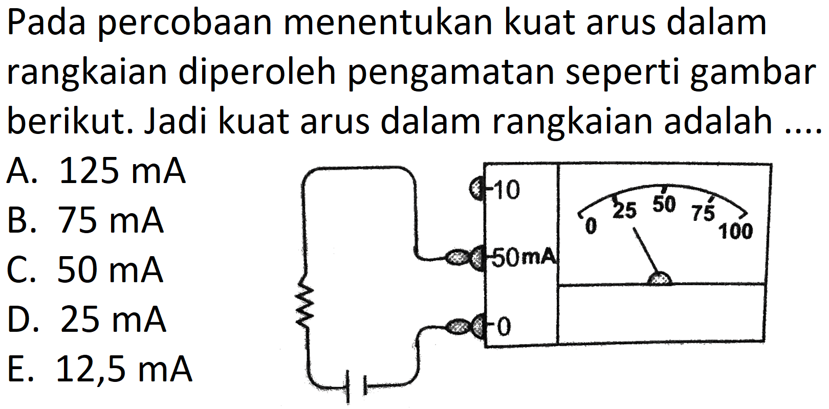 Pada percobaan menentukan kuat arus dalam rangkaian diperoleh pengamatan seperti gambar berikut. Jadi kuat arus dalam rangkaian adalah ....
0 50 mA 10 0 25 50 75 100 
