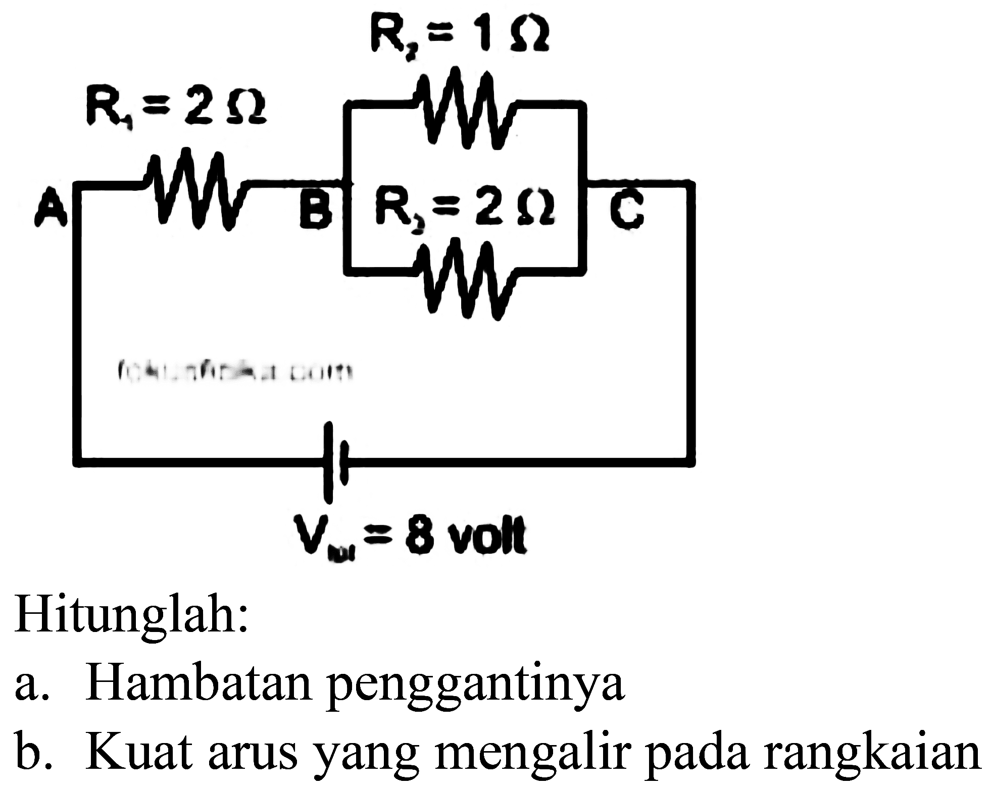 Hitunglah:
a. Hambatan penggantinya
b. Kuat arus yang mengalir pada rangkaian