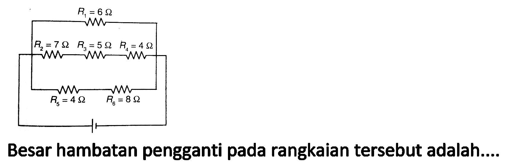 Besar hambatan pengganti pada rangkaian tersebut adalah....