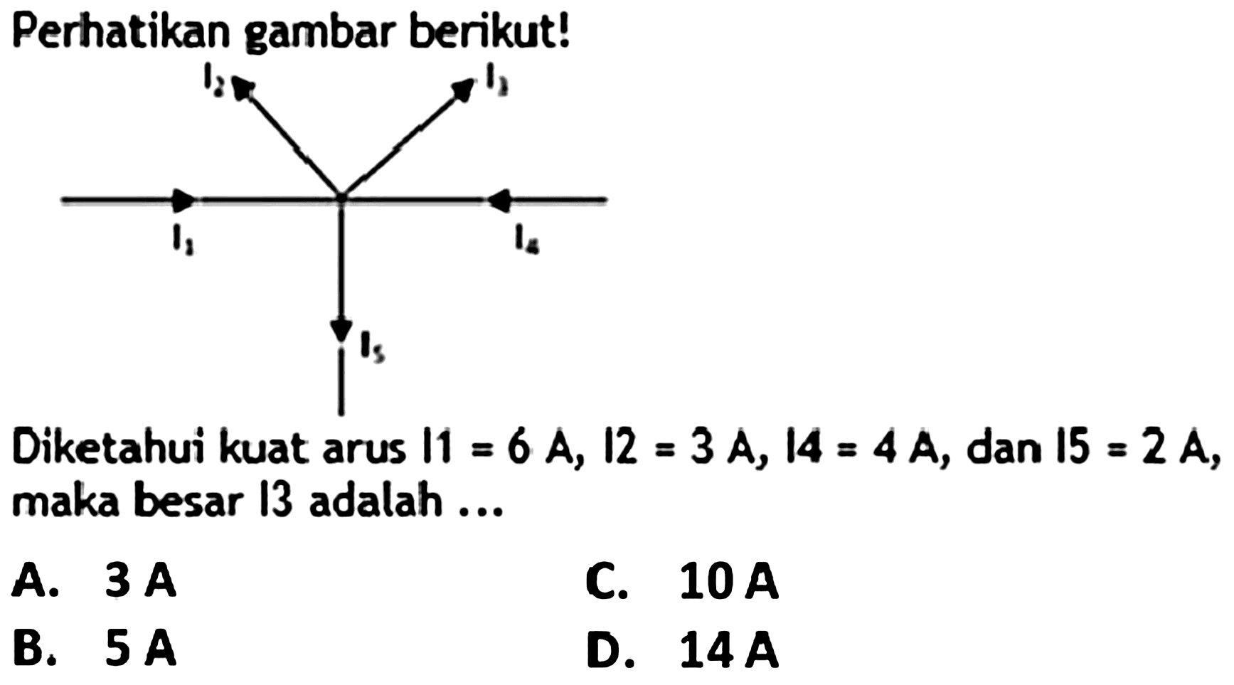 Perhatikan gambar berikut!
I2 I3 I1 I4 I5
Diketahui kuat arus  11=6 ~A, 12=3 ~A, 14=4 ~A , dan  15=2 ~A , maka besar 13 adalah ...
A.  3 ~A 
C.  10 ~A 
B.  5 ~A 
D.  14 ~A 