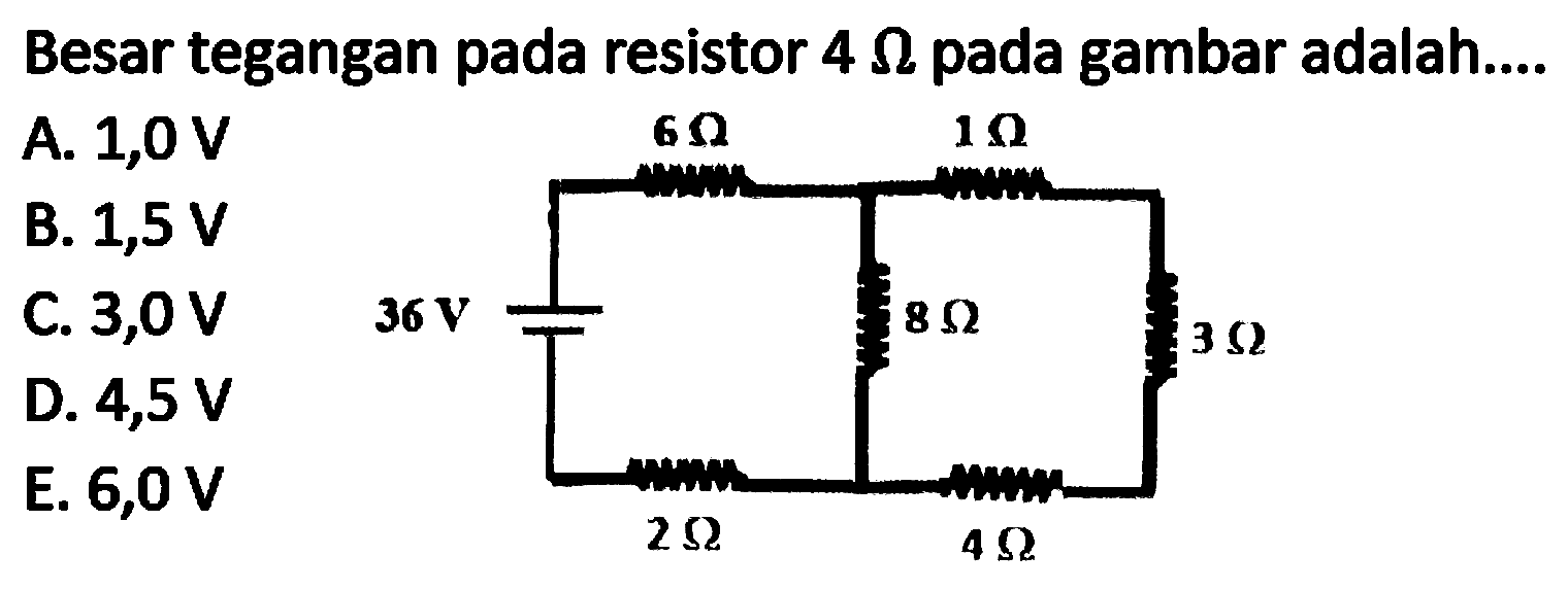 Besar tegangan pada resistor  4 Omega  pada gambar adalah....